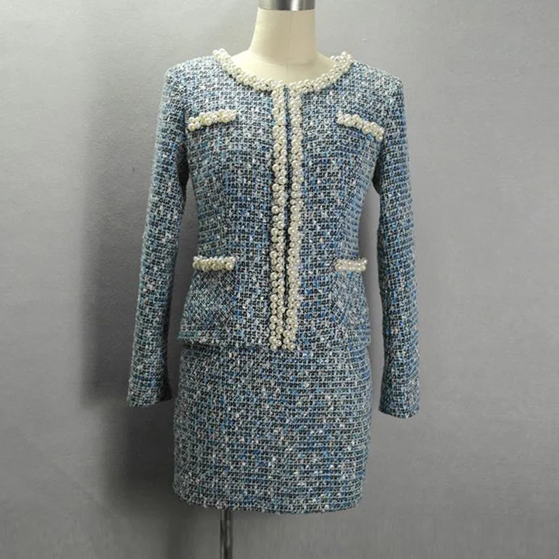 

tweed jacket + skirt suits heavy beading autumn / winter womens coat new cultivating long-sleeved skirt suit ladies tweed coat