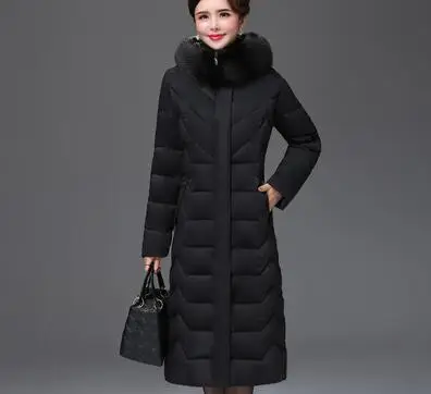 Большие размеры, женские парки среднего возраста, зимняя куртка, тонкий теплый толстый хлопок, длинное пальто, ветрозащитное Женское пальто с меховым воротником и капюшоном, 5XL - Цвет: Black