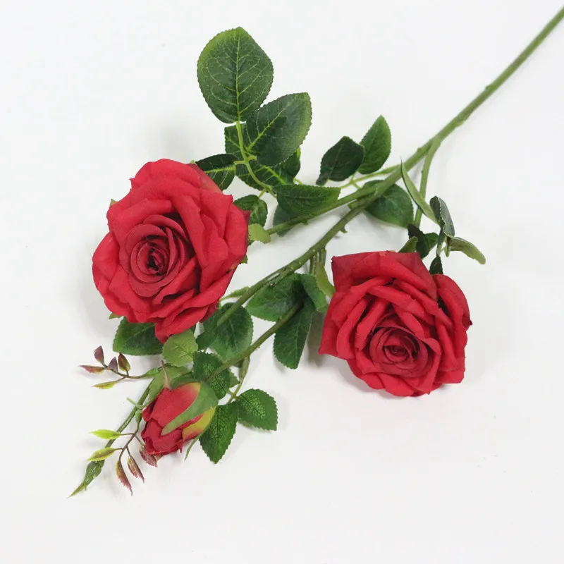 Flone 3 Heads Artificial Rose Flowers Simulation Rose Flower Silk Flower Fake Rose Flower Branch Wedding Home Party Decor Flores (13)