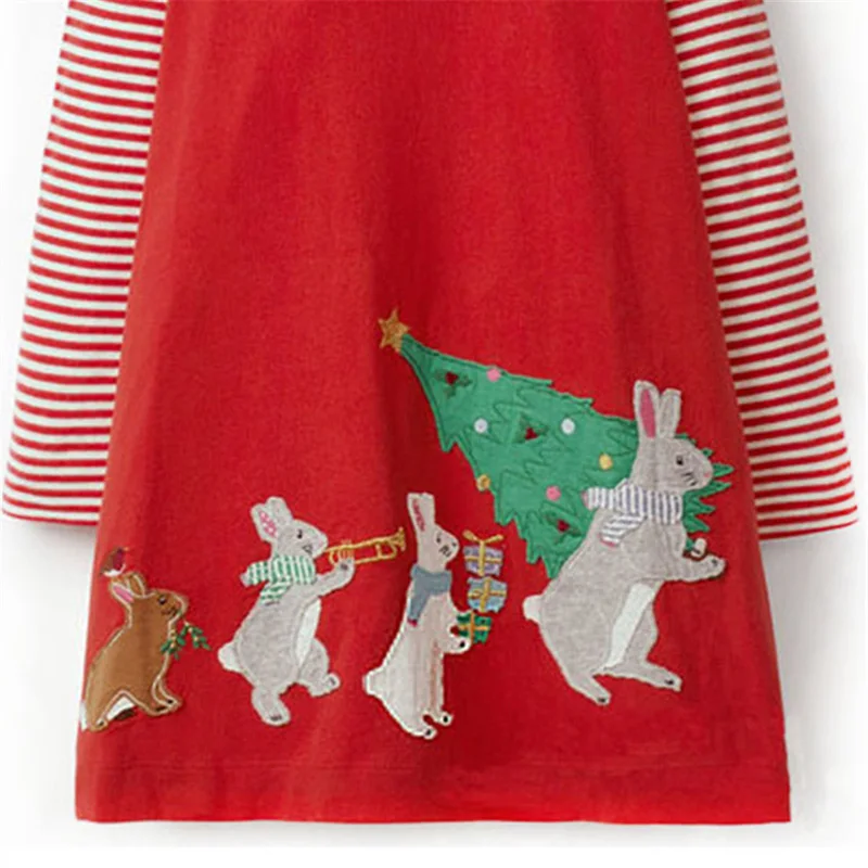 100% Cotton Striped Girls Dresses Baby Kids Christmas Clothes Long Sleeve Spring Autumn Applique Deer Children Dress Robe Fille (3)