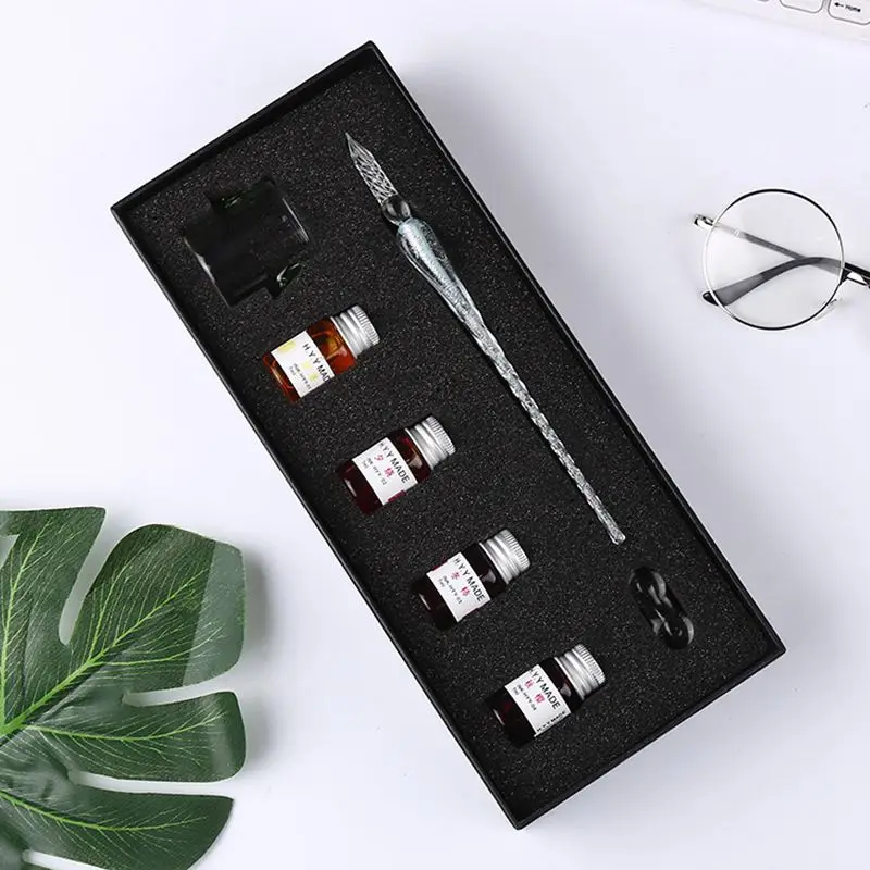Vintage Crystal Glass Dip Pen Set Non-carbon Gold Ink Fountain Signature Calligraphy Pen Writing Tools Stationery Gift - Цвет: Big set design  3