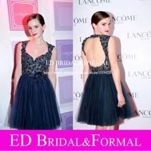 Emma Watson Kleid Marineblau Tulle Kurz Puffy Open Back Prom Kleid Perlen Backless Berühmtheits-cocktailparty-kleid