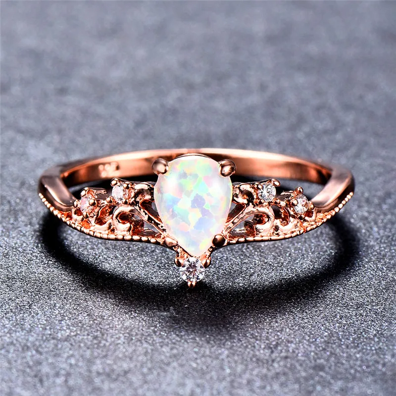 Bamos Luxury White Oval Fire Opal Ring Rose Gold Filled