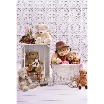 

Cute Bears Photography Backdrops White Wooden Floor Wall 3D Backgrounds for Photo Studio Children Kids New Born Baby Photo Shoot