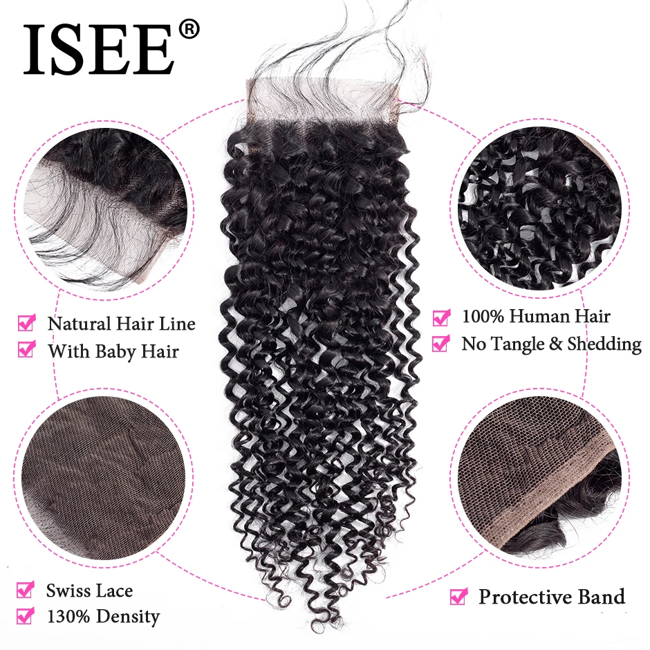 Mongolian Kinky Curly Human Hair Bundles With Closure ISEE Hair Extensions 3Bundles With Closure Remy Curly Bundles With Closure
