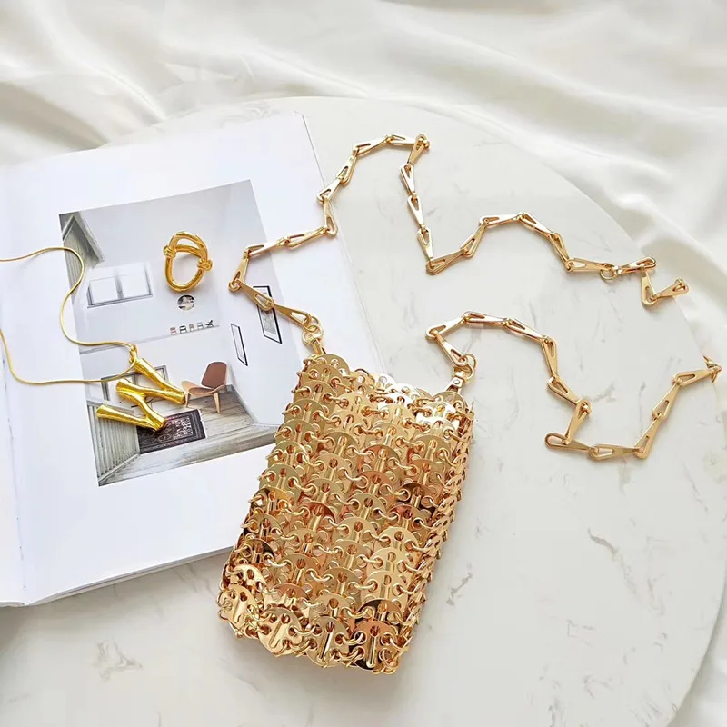 Luxury Designer Women Bags Pure Metal Sequins Chain Woven Bag Hollow Evening Bags Clutch Female Travel Holiday Shoulder Bag