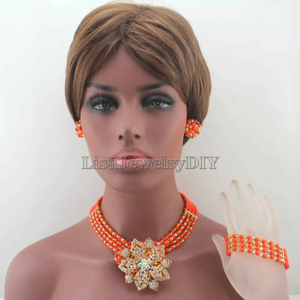 

African Jewelry Set Nigerian Orange Crystal Beads Wedding Jewelry Set Bridal Statement Jewelry Set Free Shipping HD8292