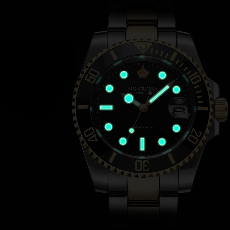 ملغ. ORKINA الأخضر الفولاذ المقاوم للصدأ 316L 40 مللي متر حالة السيارات تاريخ الرجال ساعات آلية الغوص للماء 30 M التلقائي مضيئة ووتش