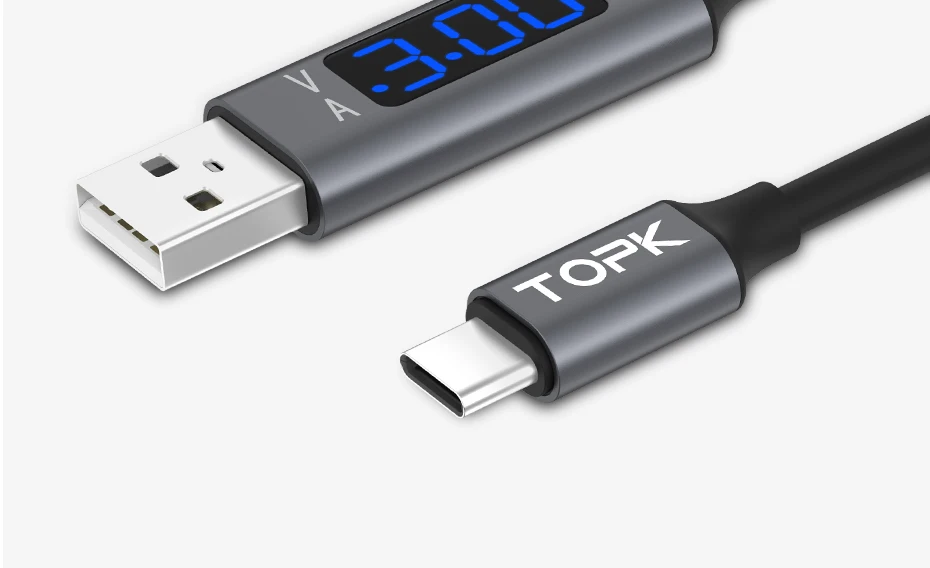 TOPK кабель для быстрой зарядки USB 3,0 usb type C, кабель для синхронизации данных и отображения напряжения и тока для USB-C Xiaomi A1 samsung S9