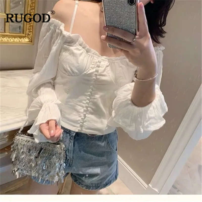 

RUGOD 2019 Solid women blouses off shoulder slash neck middle pleated flare sleeves spaghetti strap elegant night out kimono