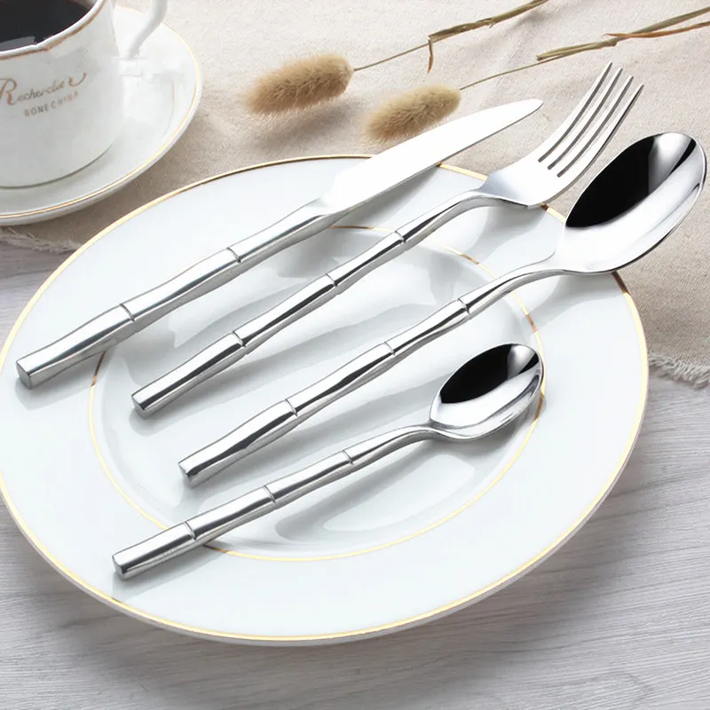KTL 24Pcs set Bamboo Dinnerware Set Top Quality Stainless Steel Dinner Steak Knife Fork Spoon Teaspoon