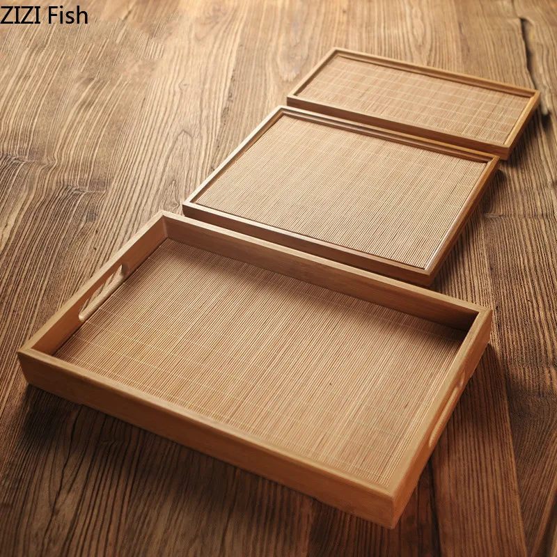 

Rectangle Bamboo Tea Tray Serving Table Plate Snacks Food Storage Dish for Hotel Home with Handle Serving Tray Home Decoration