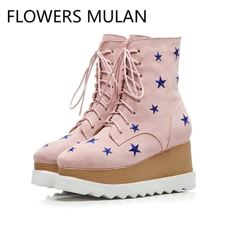 

Pink Black Leather With Embroider Stars Women Shoes Platform Wedges Heel High Heels Shoes Lace Up Ankle Boots For Girl Botas
