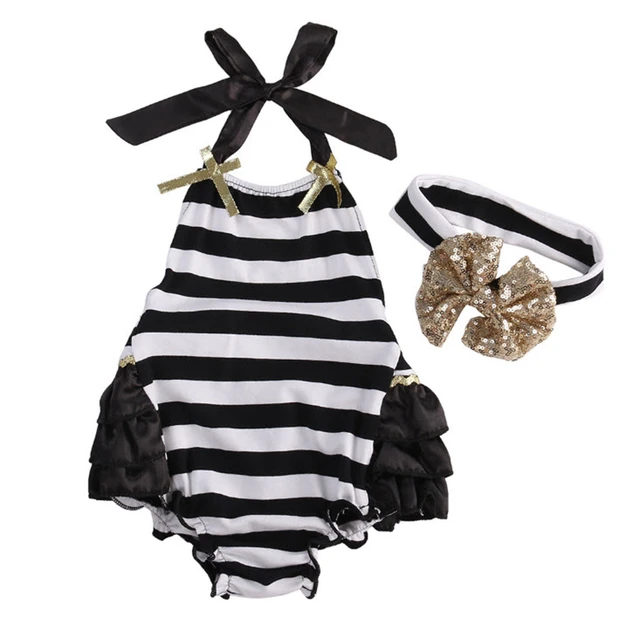 Baby Girls Casual Bodysuit Black White Striped One piece With Headwear ...