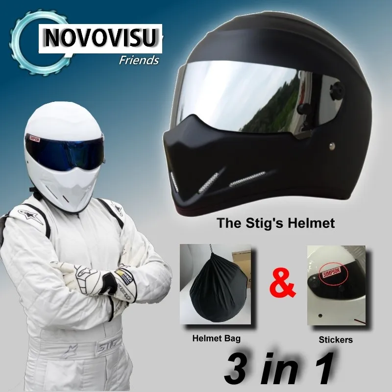 

For NOVOVISU The STIG Matte Black Helmet with Silver Visor Capacete Casco De / Bag+ SIMPSON Sticker For Gifts Moto Helmet