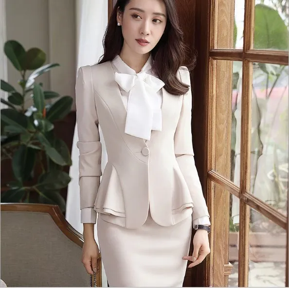Women Formal Skirt Suit 2 Piece Work Blazer Sets Ladies Career Mini Skirts Suits Womens Top Jacket Skirt Black Red Beige 4XL