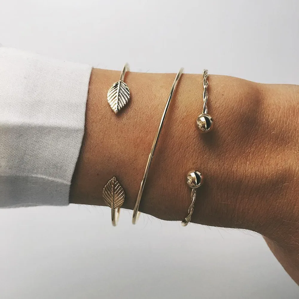 

3 pcs/Set Gold Color Metal Leaves Charms Bracelets Leaf Bangles Set For Women Girls Simple Open Cuff Bangle Adjustable Jewelry