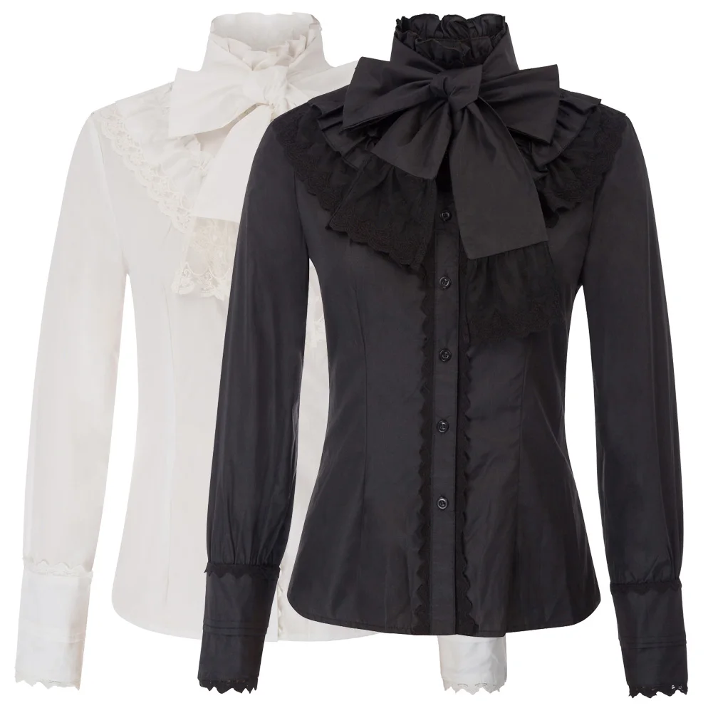 BP черные/белые вечерние блузки для женщин Ретро Винтаж викторианская готика Лолита с длинным рукавом Стенд воротник Однотонная рубашка элегантные женские топы