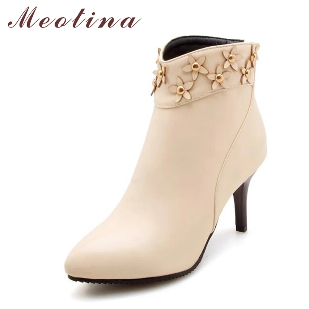 

Meotina Winter Ankle Boots High Heel Flower Pointed Toe Short Boots Sexy Ladies Boots Zipper Female Shoes Black Big Size 34-46