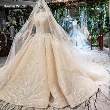 HTL462 бальное платье принцессы, свадебные платья с длинным рукавом, круглым вырезом, аппликацией цвета шампанского, кружевные свадебные платья с свадебной вуалью mariage