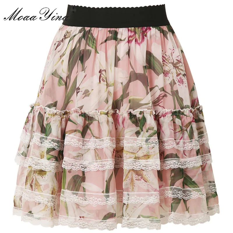 

MoaaYina summer and autumn new lily print lace lace wild skirt elegant cake chiffon skirt