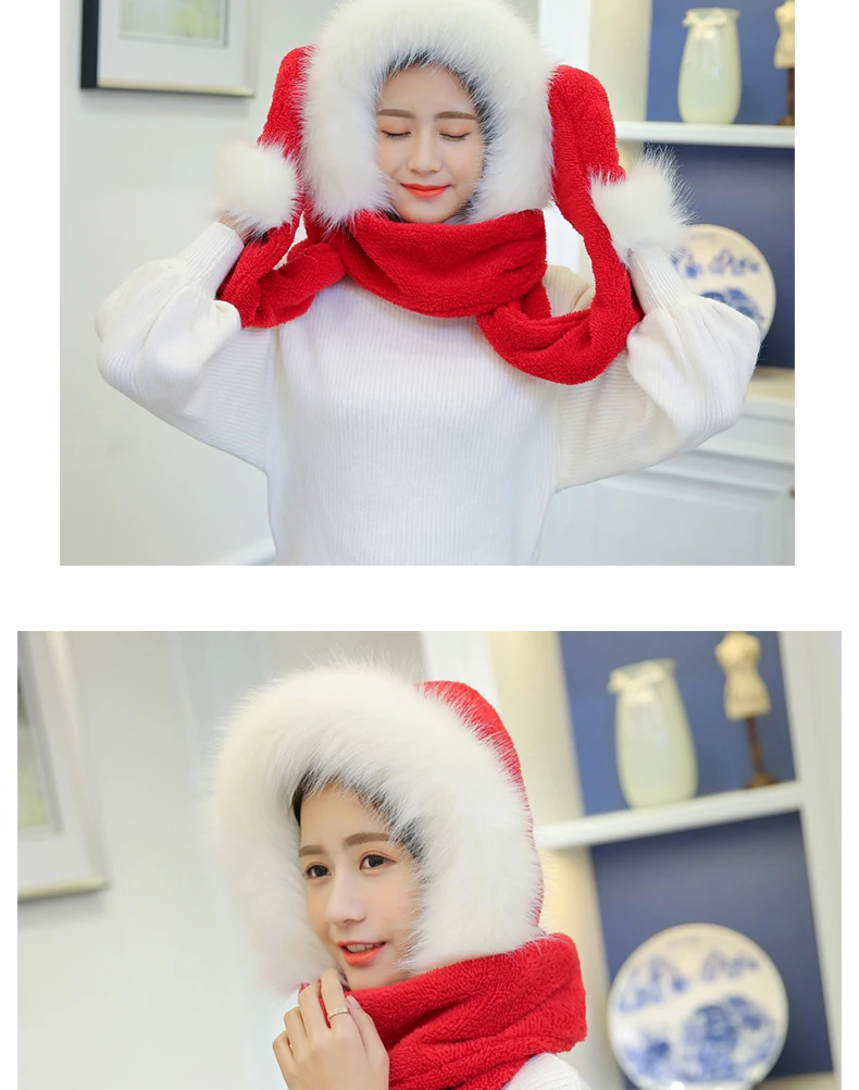New Korean Version Of The Bib Hat Thick Warm Scarf Hat Gloves Three Pieces One Large Fur Collar Three-Piece Set For Women SN53 (12)