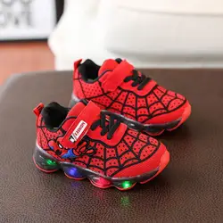 Новинка, весенние детские кроссовки с рисунком Человека-паука, светодиодный, светящаяся спортивная обувь для девочек и мальчиков