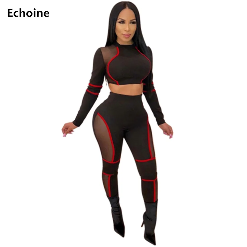 

Woman Sheer Mesh Patchwork Pants Set Sexy Hollow Out 2 Pieces Set Crop Top and Pants Long Sleeve Sportwear Tracksuit Set Casual
