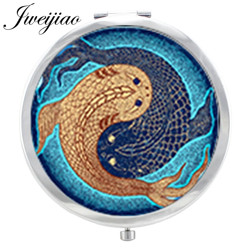 

JWEIJIAO Taiji Yingyang Art Photo Glass Cabochon Pattern Beauty Makeup Mirror For Women Floding Round pocket mirror Gift