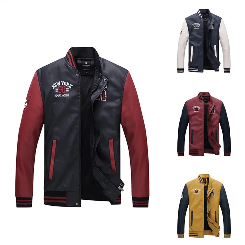 

Jackets Men Stand Collar Pu Leather Coats Fleece Pilot Jacket hombre Thick Faux Fur Zipper College Luxury Baseball Jacket Men