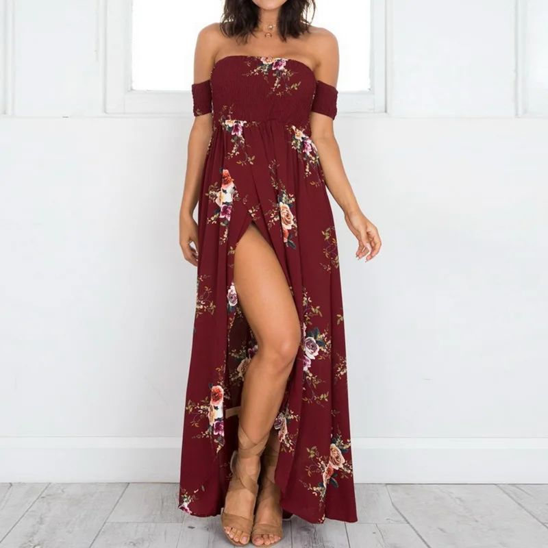 

CALOFE Boho Long Dress For Women 5XL Plus Size Sexy Off Shoulder Femlae Dress Beach Summer Print Vintage Chiffon Maxi Dress