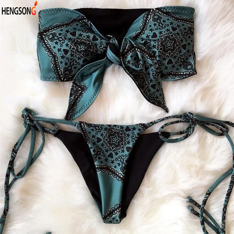

New Women Sexy Printed Bathing Suits Cute Bowknot Bra + Sexy Lace Up Strap Underpant Women 2 Piece Beach Bathing Suits 847098