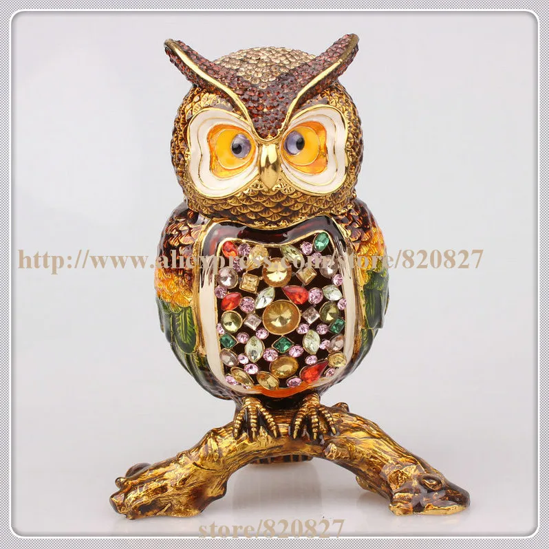 AK-019BT-88888ZBH Owl Set THREE FISH CRYSTAL 2 Pcs Owl Trinket Box Hinged Hand-Painted Figurine Collectible Ring Holder Gift Box