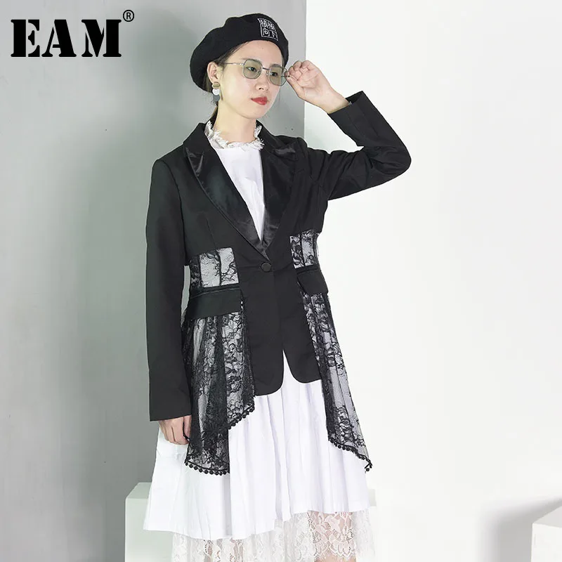 Manteau eam Dentelle Asymétrique Oa1 Longues V Printemps Unique cou Formelle Manches 2019 Patchwork Noir Black Femmes Personnalité À Bouton rrwZHB