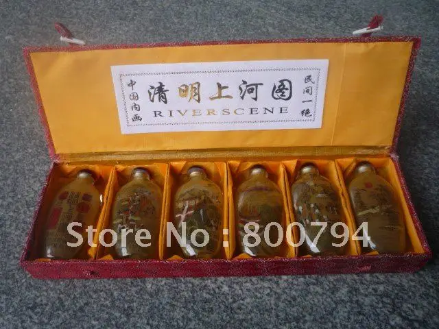 

beautiful a set of Old glass Inner-painted Snuff Bottle, Riverside Scene of Pure Brightness, 6 pieces/pack, free shipping