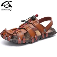 Новинка; летние мужские сандалии; мужские пляжные сандалии из дышащей кожи; брендовая мужская повседневная обувь; удобная повседневная классическая обувь без застежки в стиле ретро