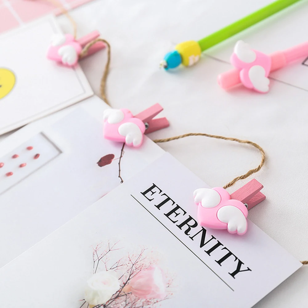 

10Pcs Pink Mini Wood Memo Paper Clips Love Heart Wing Wooden Message Photo Clips Craft Decoration School Supplies