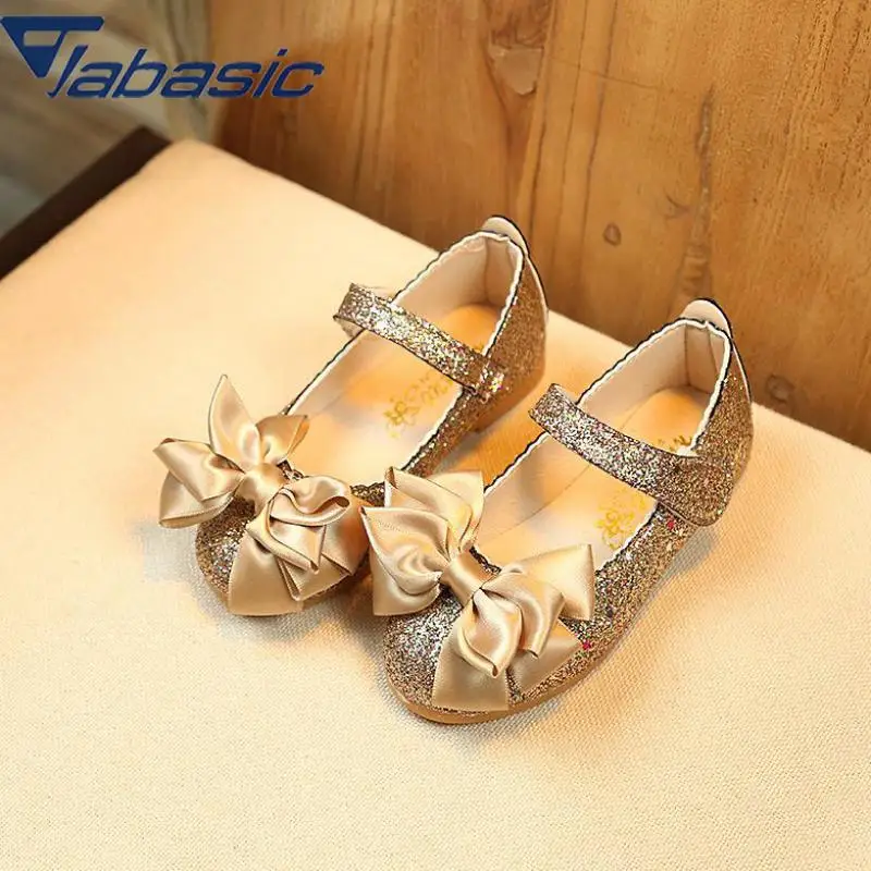 

JABASIC 2018 Gold Brighten Girl Princess Party Bowknot Dance PU Leather Shoes Kids Flats Loafers Kids Shoes For Girl School Shoe