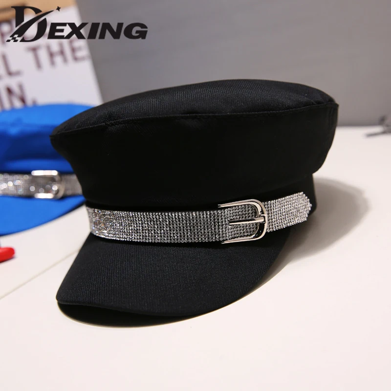 

Fashion Diamond Military Hat Autumn Cotton Sailor Hat for Women Flat Top Female Crystal Travel Cadet rhinestone Hat Captain Cap
