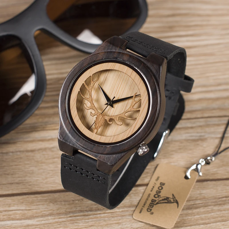 BOBO BIRD Leather Strap Black Wooden Quartz Watches Hollow Design Clock Luxury Men Brand Wrist Watch relogio masculino C-B18