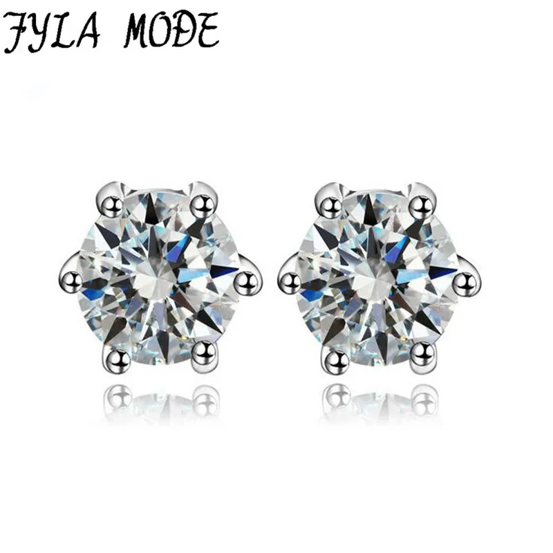 Fyla Mode 6 Claws AAA Zircon 925 Pure Silver Eight Hearts &amp Arrows CZ Brincos 5MM Stud Earrings For Women Men Jewelry | Украшения и
