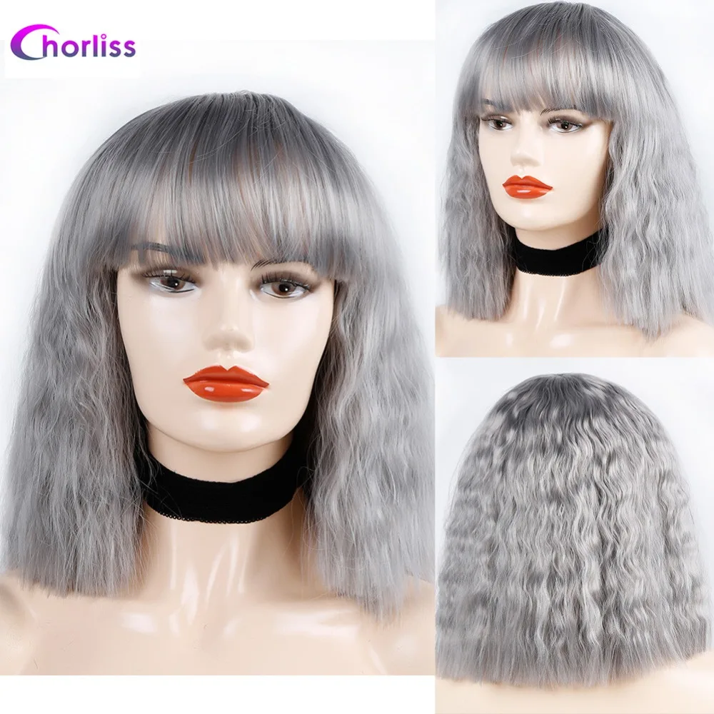 Chorliss Synthetic Wig Full Wigs Bangs Water Wave Short Women Wig Pink Blonde Gold Grey  (13)