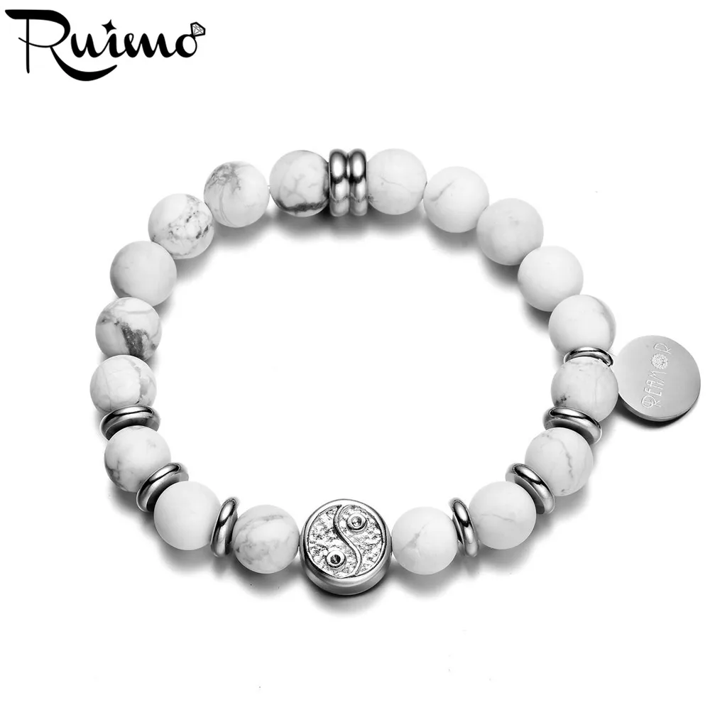 

RUIMO 316L Stainless Steel Tai Ji Beads Bracelet White Howlite Turquoises Natural Stone Patience Stretch Bracelets & Bangles