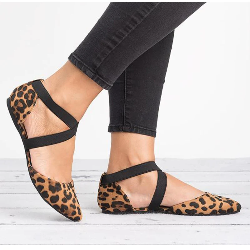 

Women flats shoes spring summer leopard pointed toe casual shoes ladies fashion cross strap comfortable ballet shoes plus size