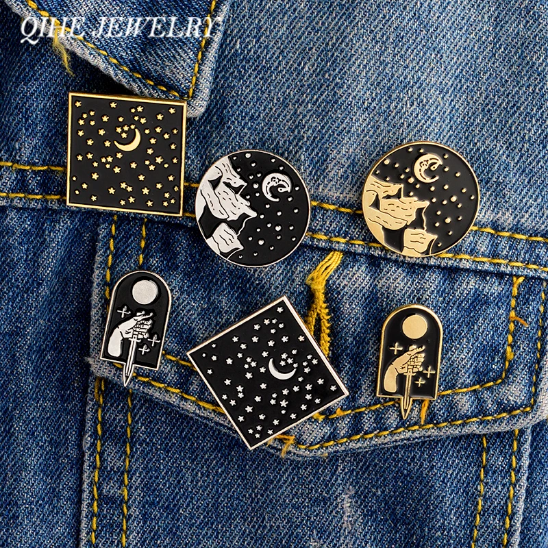 

QIHE JEWELRY 3pcs/set Moon Star Mountain Dagger Golden/silver Dark Geometric Enamel pin set Lapel pins Badges Brooches