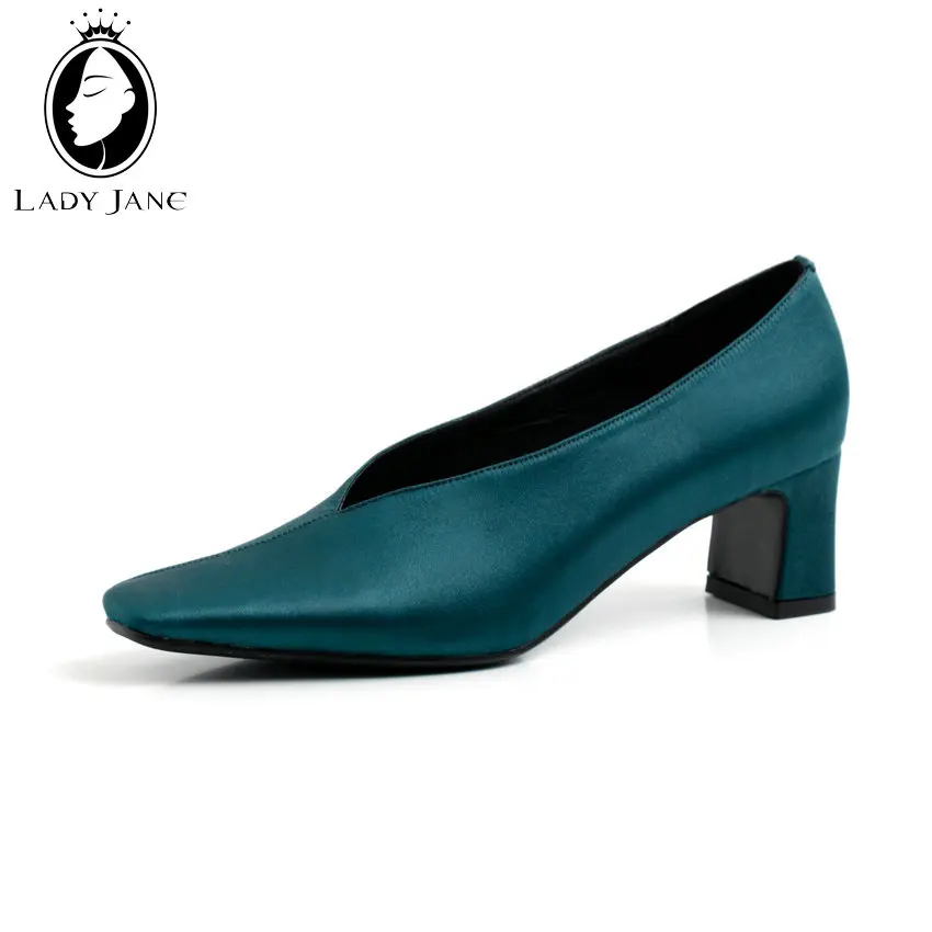 

Lady Jane Cow Muscle Satin Mules Pumps Women 2019 Square Toe High Heel Slip On Casual Pumps Shallow Black Thick Heels Shoes