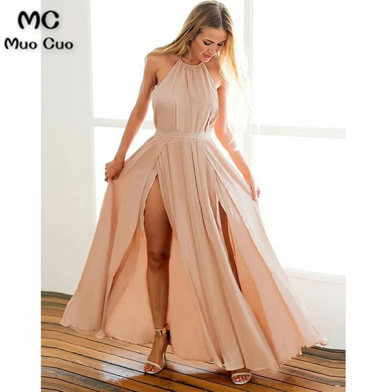 Elegant 2018 Halter Evening Dresses Long Pleat Floor Length Backless Front Slit Chiffon Formal Evening Party Dress for Women Elegant 2018 Halter Evening Dresses Long Pleat Floor Length Backless Front Slit Chiffon Formal Evening Party Dress for Women