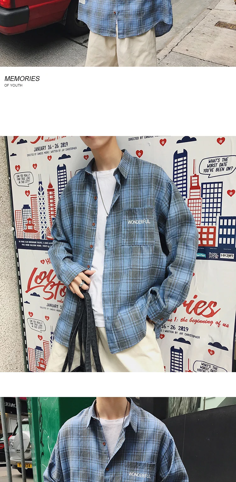 Privathinker Для мужчин в Корейском стиле; модные рубашки в клетку Для мужчин s Harajuku карманов Повседневная рубашка с длинным рукавом мужской синий Костюмы размера плюс