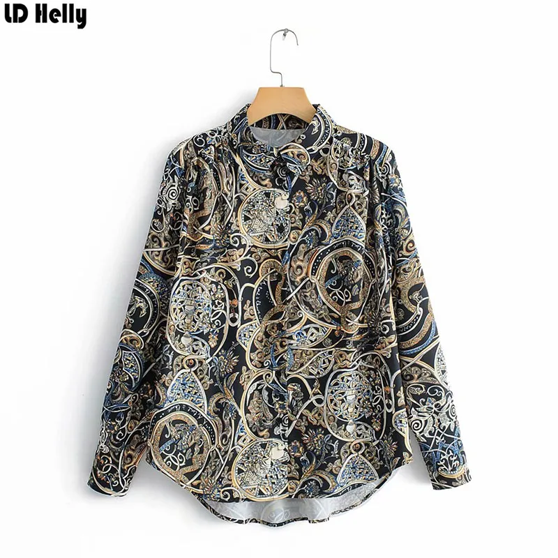 

LD Helly New Arrival Women Floral Printed Blouse Turn-down Collar Full Sleeve Female Shirt Vintage Loose Cozy Tops Blusas Mujer