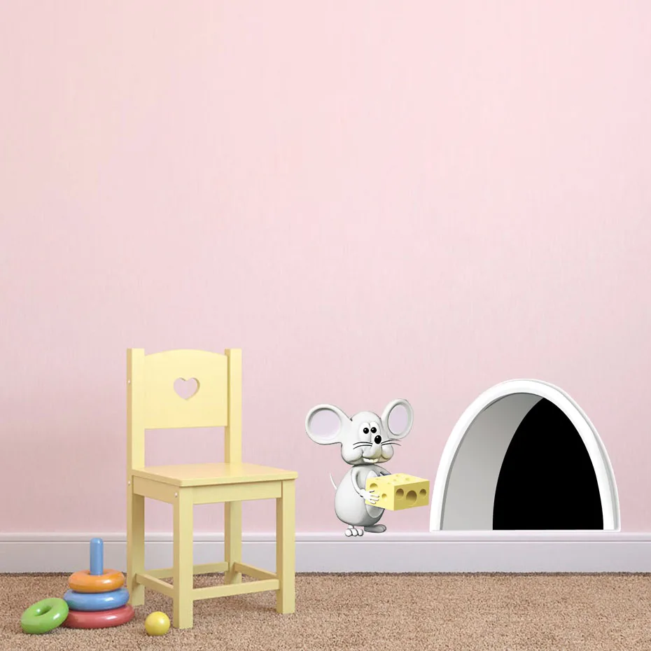 Мини Мышь отверстий торта стены Стикеры для малыша Детская комната забавные двери наклейки Спальня мультфильм Съемный Wall Art Обои для домашнего декора